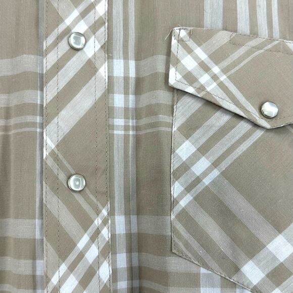 Vtg Wrangler Pearl Snap Western Shirt Mens Large Tan White Plaid Spring Shirt - Picture 3 of 5
